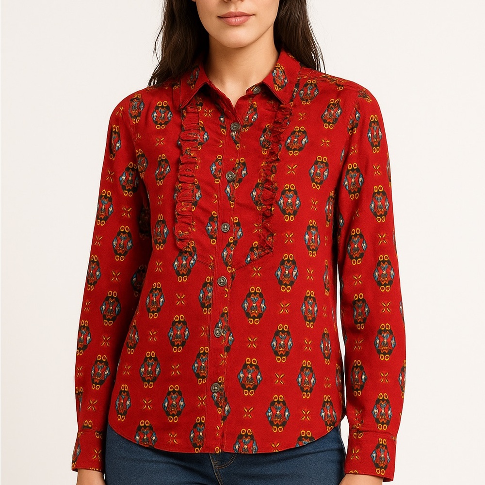 Vintage Counterparts Red Long Sleeve Button Down Blouse with ruffle collar Women